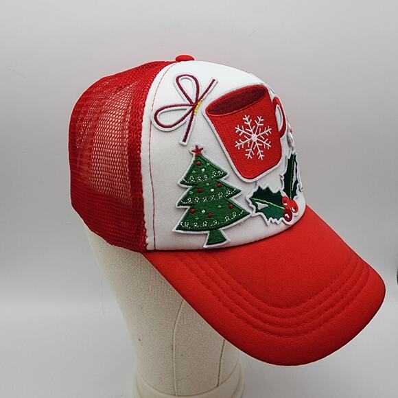 Christmas Theme Trucker Hat Cap Red White Candy Cane Mistletoe Hot Cocoa Festive - Picture 3 of 5